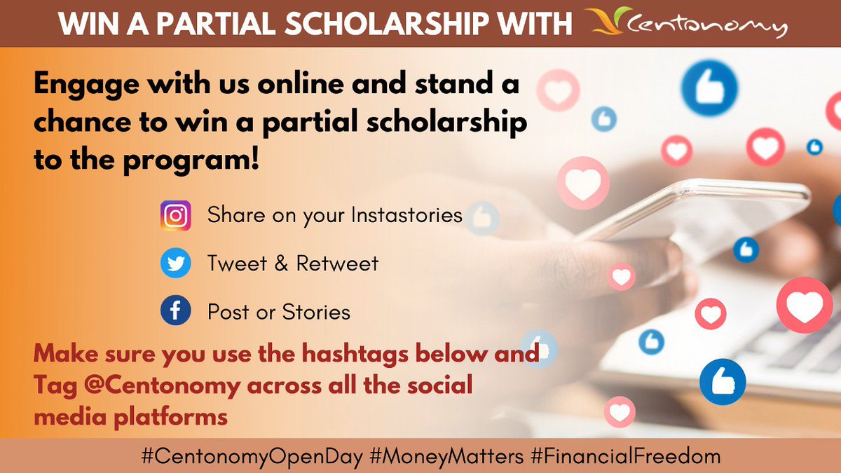 Centonomy's tweet photo. Engage with us online for a chance to win a partial scholarship!
Don't forget to use the hashtags #CentonomyOpenDay #financialfreedom #moneymatters https://t.co/QYJFzlnheu
