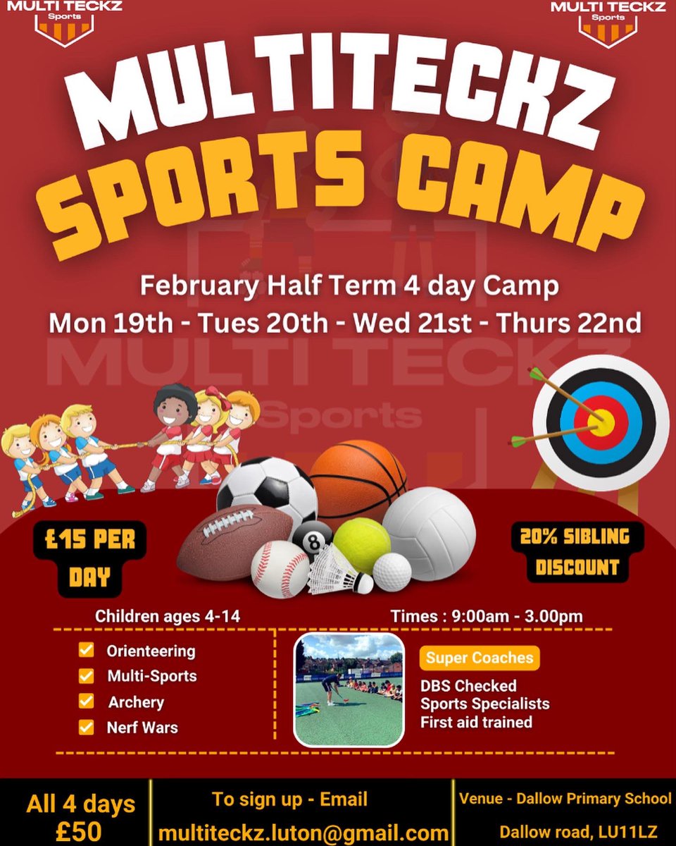 Multi_teckz's tweet photo. We are delighted to start 2024 off by offering 2 fantastic sports camps! 

@DallowPrimary 
@LutonHooHotel 

We can’t wait to see you all there 🤩

To sign up drop us an email below 

multiteckz.luton@gmail.com 📧 https://t.co/ZKd9OIFi0Y