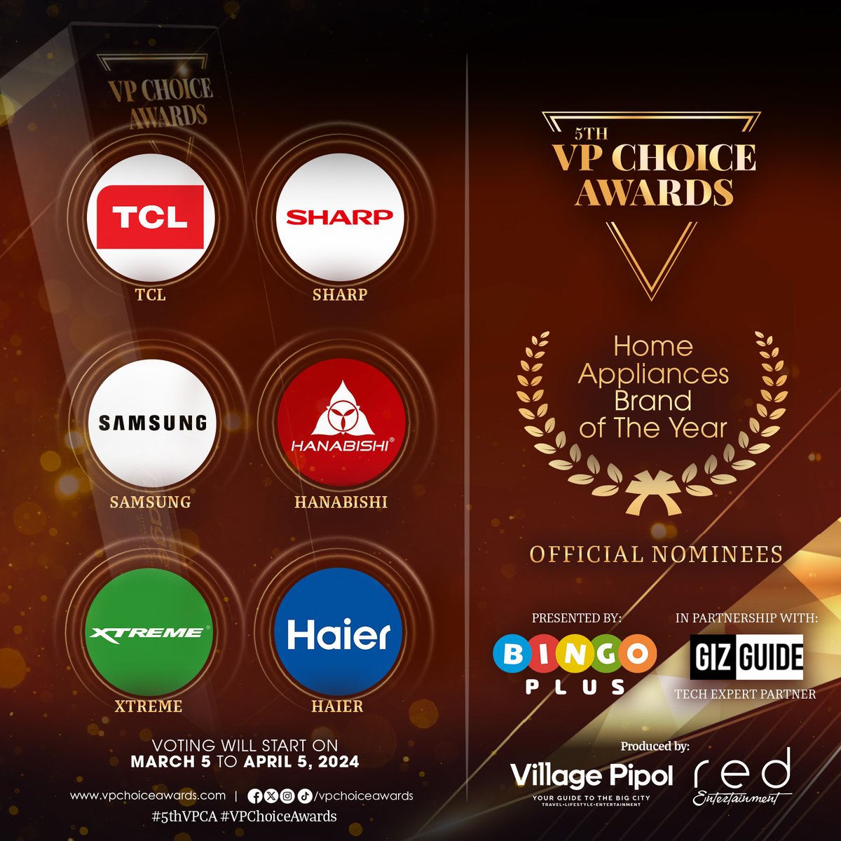 vpchoiceawards's tweet photo. Here are the #5thVPChoiceAwards official nominees for 🏆Home Appliances Brand of the Year ✨

Pipol, you have the power to choose this year's winner! Voting will open on March 5 to April 5, 2024. For more details, visit: https://t.co/1amPebmnRd 
#5thVPCANomineesReveal #5thVPCA https://t.co/Z3NG9ZSjE1