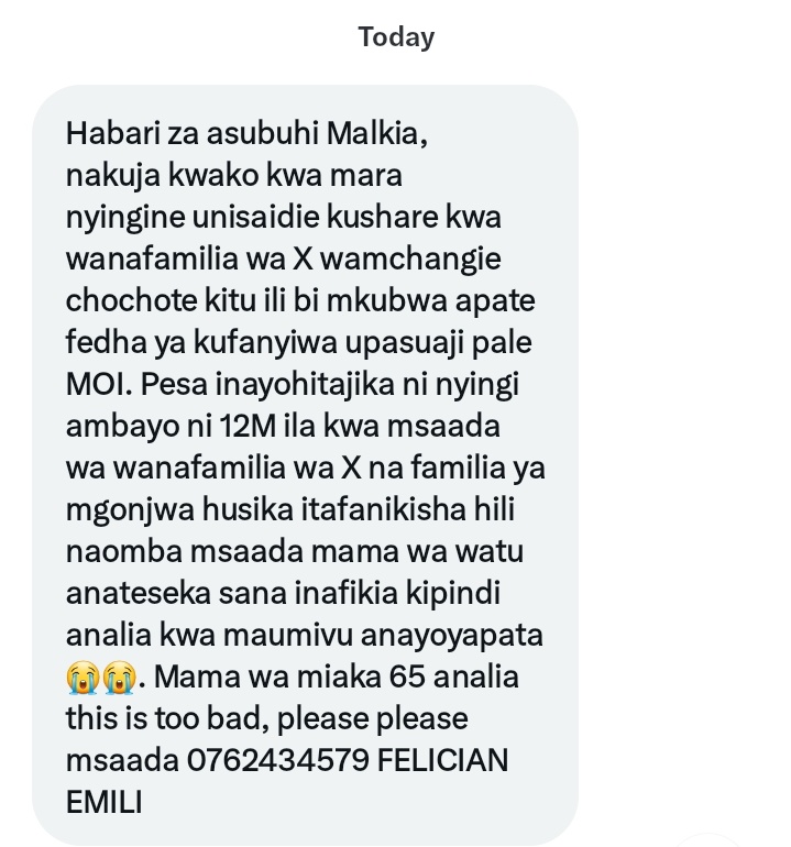 nyuki_malkia's tweet photo. Wadau wa X 
Naisogeza kwenu hii mama anaumwa hoi anahitajika operation na muhimbili wanataka milioni 12
Mwenye chochote tumsaidie https://t.co/8regnt3HaV
