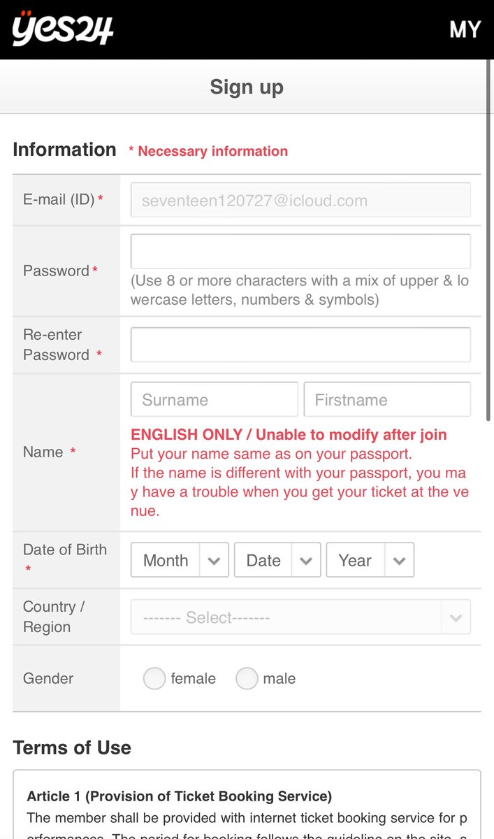 🌟yes24登録方法🌟
① m.ticket.yes24.com/English/Perf/F…
②右上のMYを押す
③Sing up押す
④メアド入力
⑤届いたメールのURL飛ぶ
⑥個人情報入力&amp;下にスライドチェック欄全てチェック
※名前は後から変更できないから注意！
山田太郎の場合→ YAMADA TARO
(パスポートと同じにする！)

#STAY4期
#StrayKids