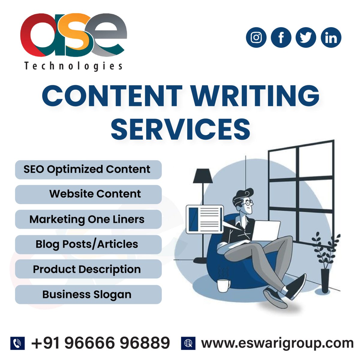 AseTechnologies's tweet image. Boost your online presence with #professionalcontentwritingservices from #ASETechnologies. Our team of experienced writers will deliver high-quality, #SEOoptimizedcontent that will attract and engage your target audience.
CALL US:+918712655512
VISIT US: asetechnologies.in