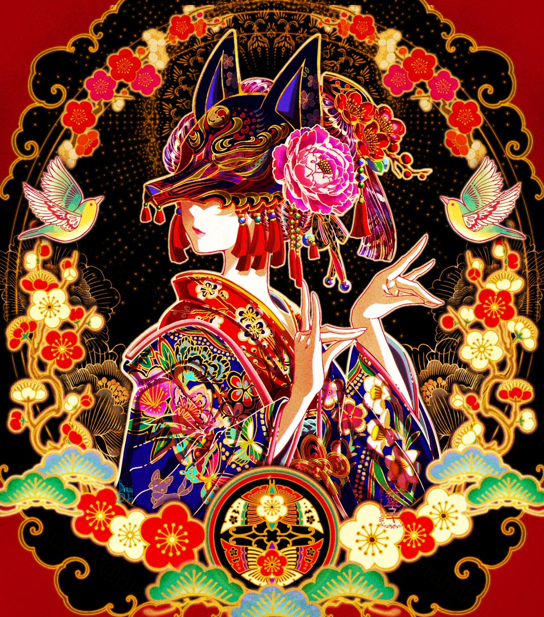 1girl japanese clothes flower hair ornament kimono hair flower bird  illustration images