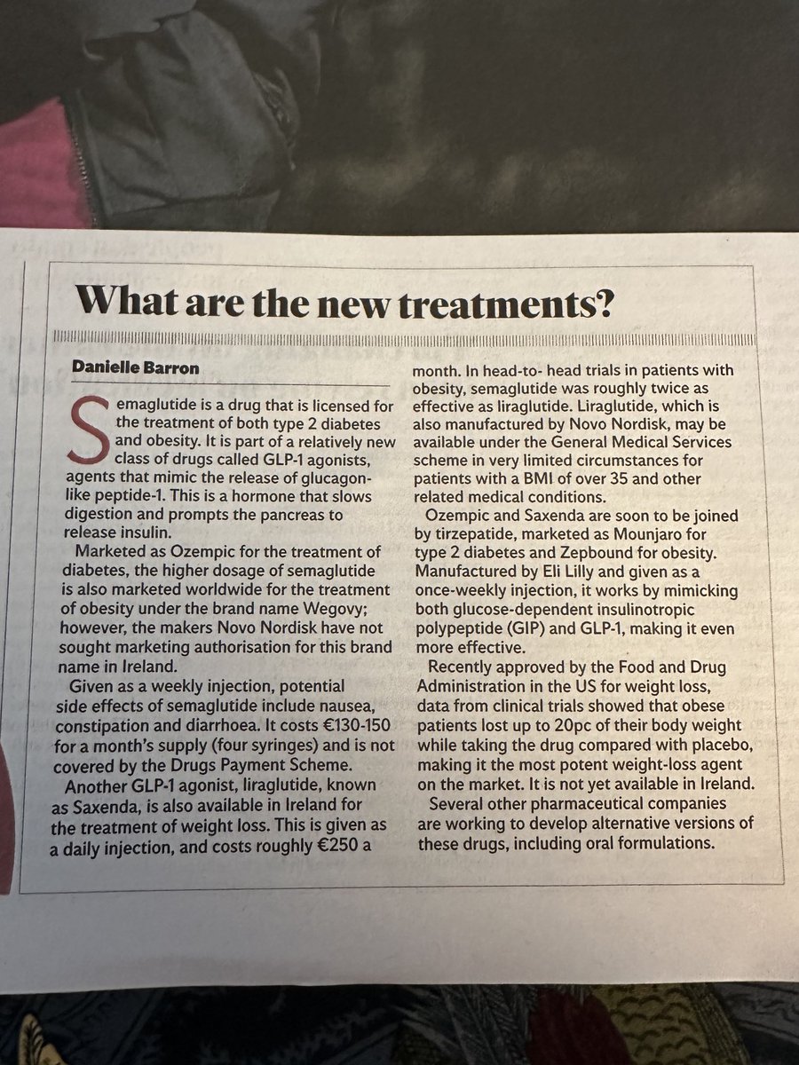 Great piece in ⁦@Independent_ie⁩ about obesity treatments by Danielle Barron. Excerpt below highlights why doctors often prescribe semaglutide rather than the more expensive, less good liraglutide- *both* are licensed, and patients invariably foot the bill themselves.