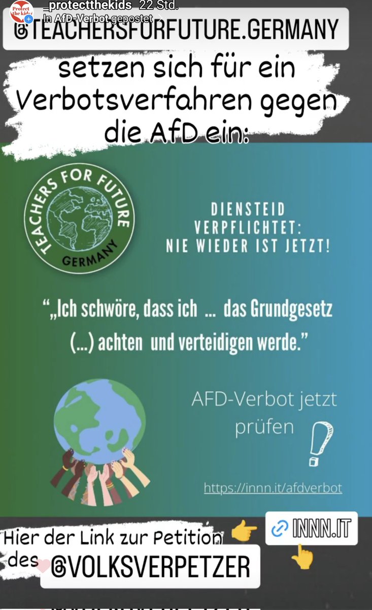 ✌️Diensteid verpflichtet, sagen die <a href="/t4future_de/">Teachers for Future Germany</a>👍
👉Sie fordern, das Grundgesetz zu verteidigen und ein AfD-Verbot zu prüfen.
✍️Link zu einer Textvorlage, um sich an Abgeordneten deshalb zu wenden:
➡️teachersforfuture.org/2024/01/11/bri…
✍️ <a href="/Volksverpetzer/">Volksverpetzer 🇪🇺🇺🇦🏳️‍🌈</a>-Petition:
➡️innn.it/afdverbot