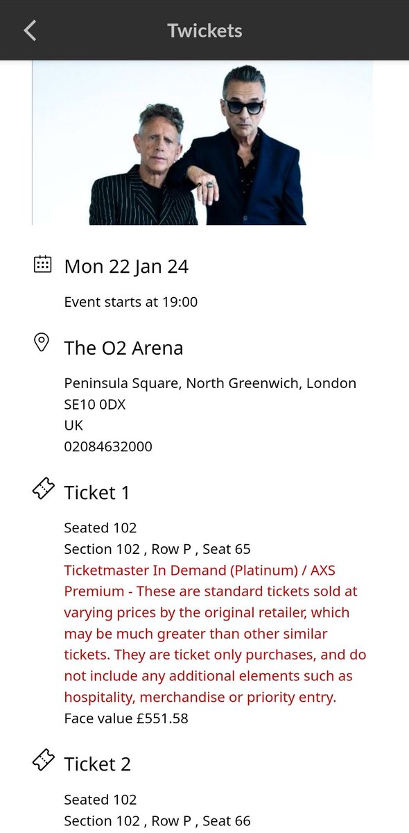 theboyfish's tweet photo. @Twickets how are you allowing this on your platform ... shocking! £550+ for a standard ticket with nothing extra. Surely this is a massive red flag? Twickets "sell spare tickets at no more than face value " @depecheuk https://t.co/fLo2uVSlri