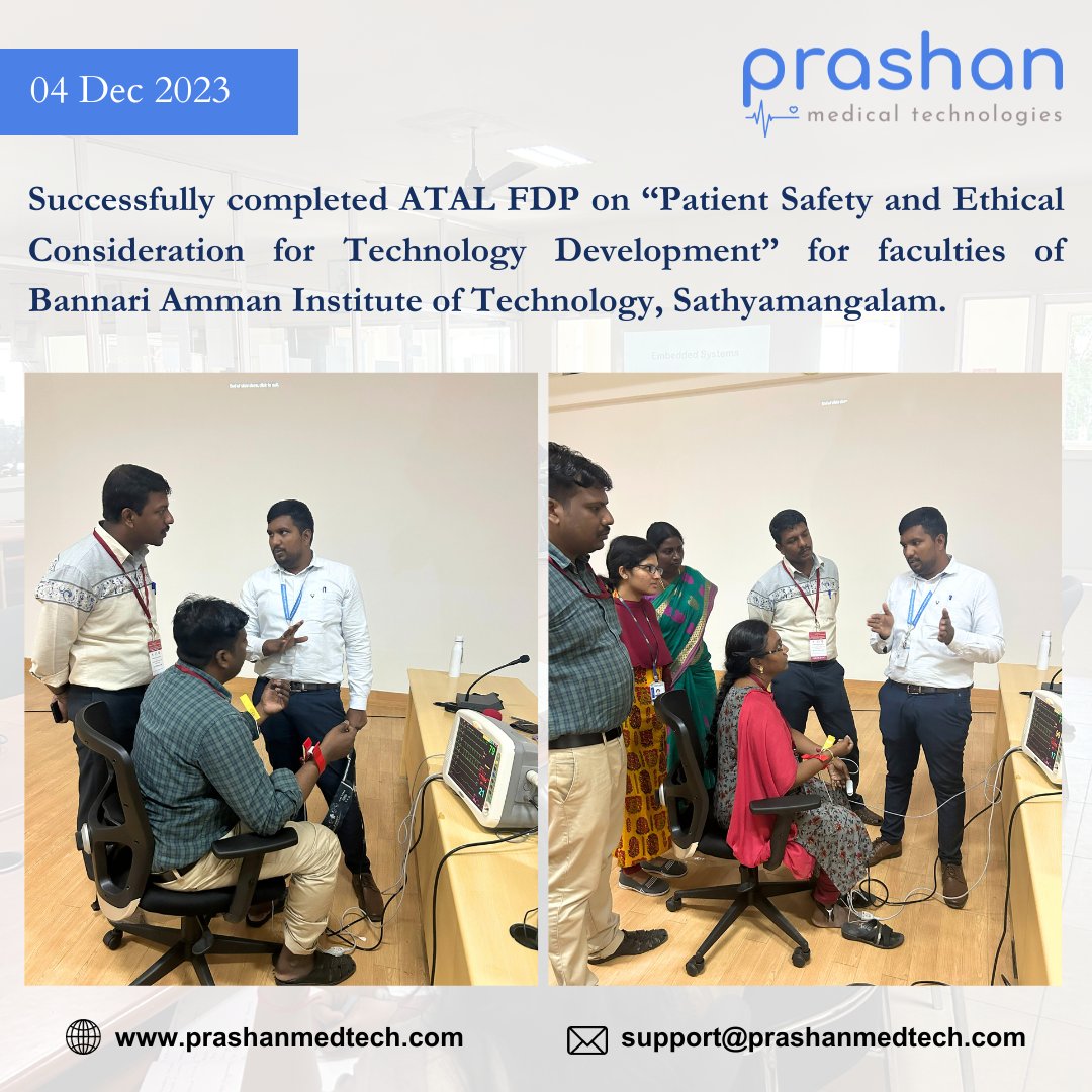 MedicalPrashan's tweet photo. "The science of today is technology of tomorrow"

Successfully completed ATAL FDP on "patient safety and ethical consideration for technology development" for faculties of Bannari Amman Institute of Technology,Sathyamangalam. https://t.co/lV8SDbYI5t