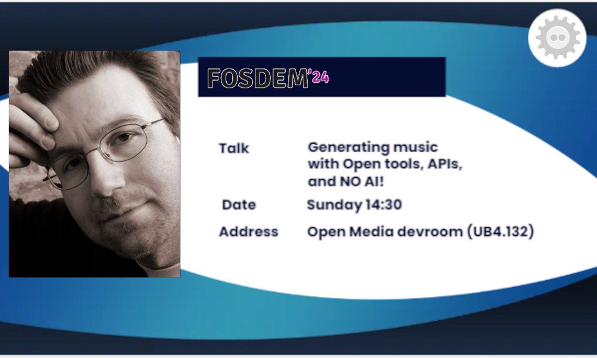 MarquisdeGeek's tweet image. I created a banner for one of my #FOSDEM talks.

No idea if it'll encourage folk to turn up, but I've done it now, so there!

#openmedia #noAI #music #generativeart