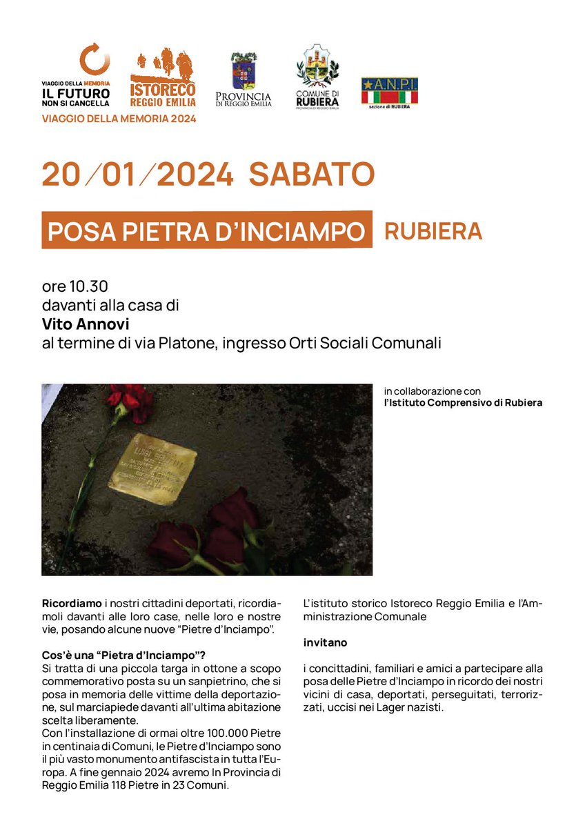 Sabato 20 gennaio alle ore 10.30 in via Platone a #Rubiera, ingresso Orti Sociali
Posa pietra d'inciampo a ricordo di Vito Annovi, rubierese deportato