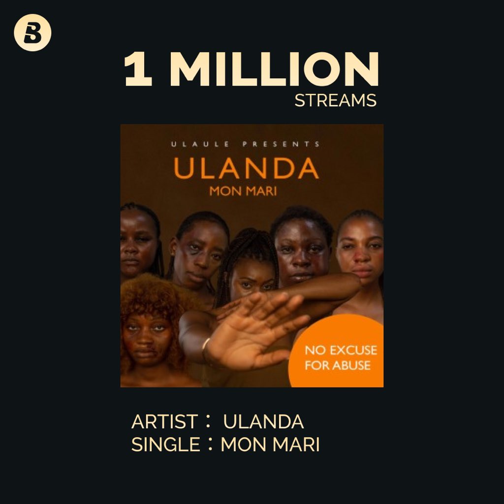 Mon mari had just clocked 1 million streams on Boomplay 💃🏾💃🏾
Our first million on the platform. Praise Jesus and thank you for your continued support. 

#NoExcuseForAbuse
#notodomestcviolence
#nonalaviolenceconjugale
#makingmamamakossa