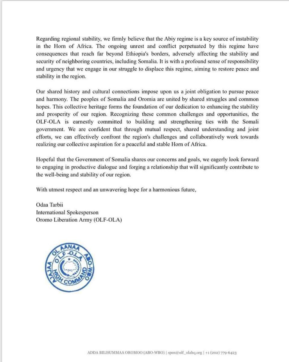 JaalGamtaa's tweet photo. #OLA_OLF Statement on the Abiy’s mess in Somaliland. https://t.co/fpjfM60FrD