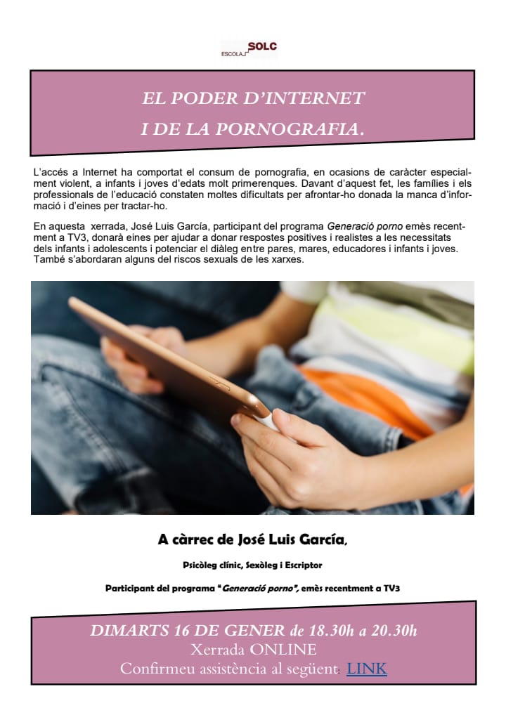 EscolaSolc's tweet image. No deixeu perdre l'oportunitat d'assistir a aquesta xerrada on-line que ofereix l'@AfaEscolaSolc. Un tema d'actualitat, molt real... I imprescindible. #curs2324 @EscolaSolc #educacióafectivosexual #escolafamílies