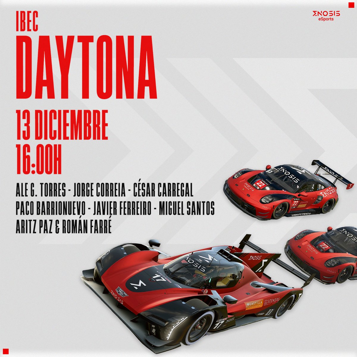 Enosis eSports (@e_enosis) on Twitter photo Arranca la 2ª edición del #IBEC <a href="/IBEC_spanish/">IBerian Endurance Challenge</a> en #Daytona con 3 coches de <a href="/e_enosis/">Enosis eSports</a> !!!
➡️<a href="/AritzPaz/">Aritz Paz</a> <a href="/Bruno_F_Almeida/">Bruno Almeida</a> R. Farre <a href="/73malasangre/">73malasangre</a>
➡️Ale G Torres , J. Correia, C. Carregal
➡️F. Barrionuevo, J. Ferreiro <a href="/tuti3434/">tuti34</a> M.Santos <a href="/msa987_/">M.Santos 🛶⛱️ 🦁</a>
📺twitch.tv/spanishresiste… #iracing Arranca la 2ª edición del #IBEC <a href="/IBEC_spanish/">IBerian Endurance Challenge</a> en #Daytona con 3 coches de <a href="/e_enosis/">Enosis eSports</a> !!!
➡️<a href="/AritzPaz/">Aritz Paz</a> <a href="/Bruno_F_Almeida/">Bruno Almeida</a> R. Farre <a href="/73malasangre/">73malasangre</a>
➡️Ale G Torres , J. Correia, C. Carregal
➡️F. Barrionuevo, J. Ferreiro <a href="/tuti3434/">tuti34</a> M.Santos <a href="/msa987_/">M.Santos 🛶⛱️ 🦁</a>
📺twitch.tv/spanishresiste… #iracing