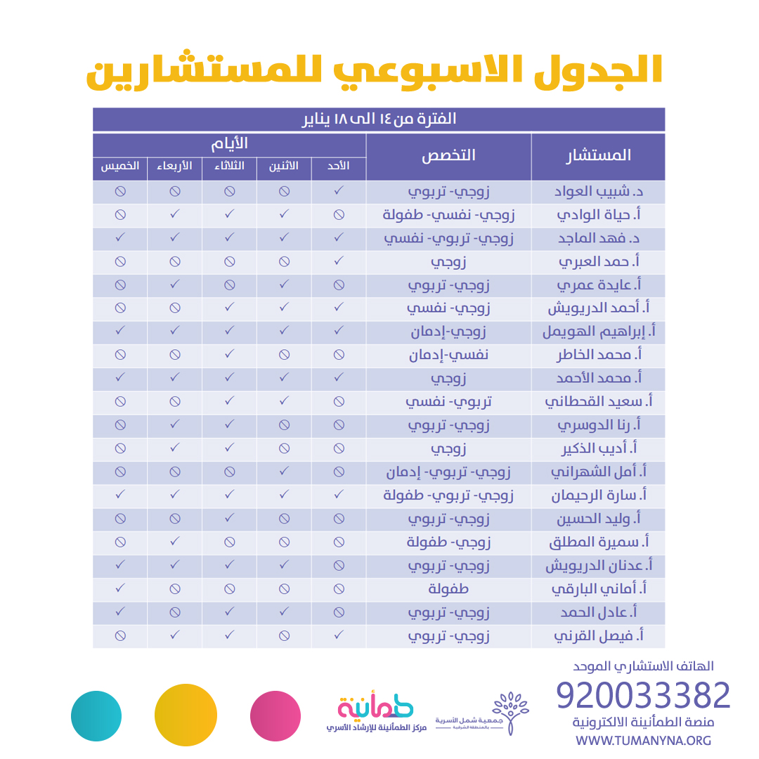 Tumanyna's tweet image. 💡المواعيد الاسبوعية لمستشاري مركز الطمأنينة

🔹احجز موعدك مباشرة عبر المنصة الالكترونية
TUMANYNA.ORG

🔹كما يمكننا خدمتكم عبر الهاتف الموحد
920033382

🔹أوقات العمل
من 3م حتى 8م

#معا_لحياة_مطمئنة