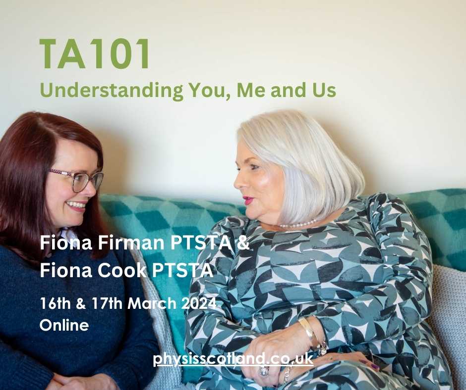 PhysisScotland's tweet photo. New TA101 Date Just Launched 🚀 
📆 Join us for a fascinating 2-day ONLINE course: 
'TA101 Understanding You, Me and Us' in Edinburgh
Fiona Firman PTSTA and Fiona Cook PSTA
Ready to embark on a journey of self-discovery and enhanced communication? 
👉  https://t.co/8DKTVOYWpw https://t.co/HjFGdU7jFK