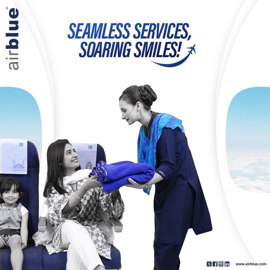 airblueairline's tweet photo. A smile in every mile. Your journey with Airblue is not just a flight; it's an experience filled with warmth and happiness. 

#Airblue #FlyHappy #AirblueHospitality #Servicewithasmile https://t.co/0ADjUXgLOg