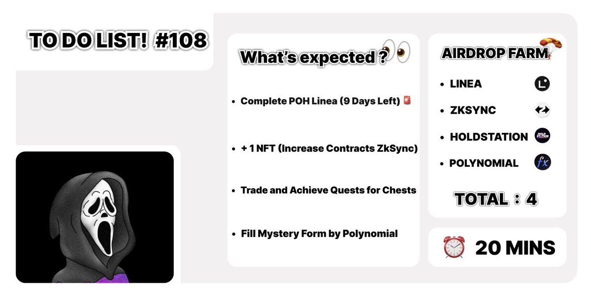 TO DO LIST! #108

🔹 Complete POH Linea (9 Days Left)
🔗 - poh.linea.build

🔹 + 1 NFT (Increase Contracts ZkSync)
🔗 - blockton.nfts2.me

🔹 Trade and Achieve Quests for Chests
🔗 - ref.holdstation.com/1EBAE6741cd8

🔹 Fill Mystery Form by Polynomial
🔗 -