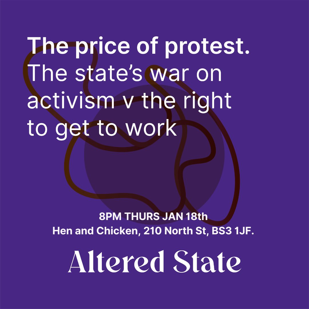 Altered___State's tweet photo. New year's sale tickets for our first talk The Price of Protest next Thurs Jan 18 @henandchicken available from https://t.co/K0DGDU9jG1

#talks #politics #bristol #southville #whatsoninbristol #protest #alteredstate #thepriceofprotest #activism #climateactivism #climatecrisis https://t.co/FrlqtCii5o