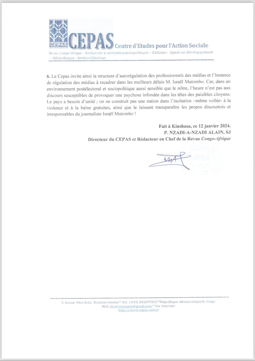 Communiqué du Centre d’Etudes Pour l’Action Sociale ( CEPAS )

Le CEPAS qui est cité 4 fois dans une vidéo qui est devenue rapidement virale sur les réseaux sociaux, réfute avec véhémence les propos malveillants de <a href="/IsralMutombo11/">Israël Mutombo</a> et invite le <a href="/csac_rdc/">CSAC RDC</a> à le recadrer dans les