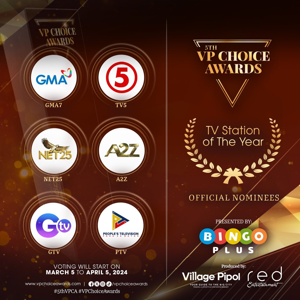 vpchoiceawards's tweet photo. Here are the #5thVPChoiceAwards official nominees for 🏆TV Station of the Year ✨

Pipol, you have the power to choose this year's winner! Voting will open on March 5 to April 5, 2024. For more details, visit https://t.co/1amPebmnRd #5thVPCANomineesReveal #5thVPCA #VPChoiceAwards https://t.co/RBYYX6HKpo