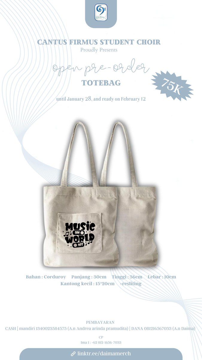 𝔇𝔞𝔦𝔪𝔞 𝔐𝔢𝔯𝔠𝔥✨

WTS JUAL Tote Bag 
OPEN PO TOTE BAG

Corduroy ✅
Ukuran pas ✅
Kantong kecil ✅
Resliting ✅

Price 75K
#Zonauang #Zonajajan

Link pembeliann😉✨
forms.gle/Y1CuQoNxrSKdvU…