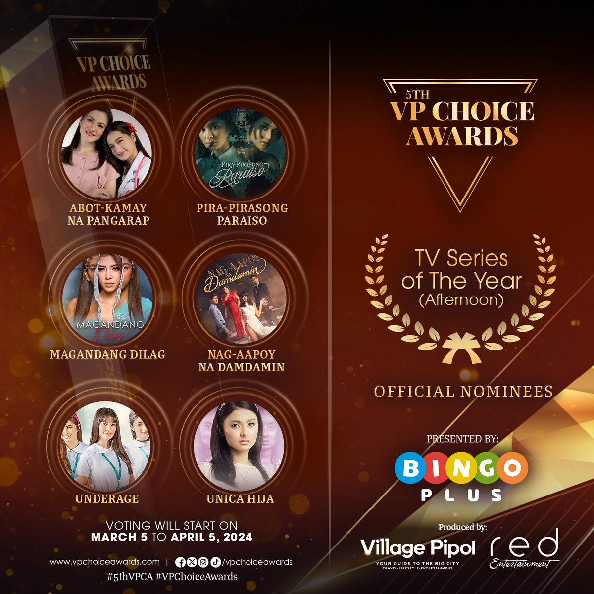 vpchoiceawards's tweet photo. Here are the #5thVPChoiceAwards official nominees for 🏆TTV Series of the Year (Afternoon) ✨

Pipol, you have the power to choose this year's winner! Voting will open on March 5 to April 5, 2024. For more details, visit: https://t.co/1amPebmnRd #5thVPCANomineesReveal #5thVPCA https://t.co/ZG6Z64pssb