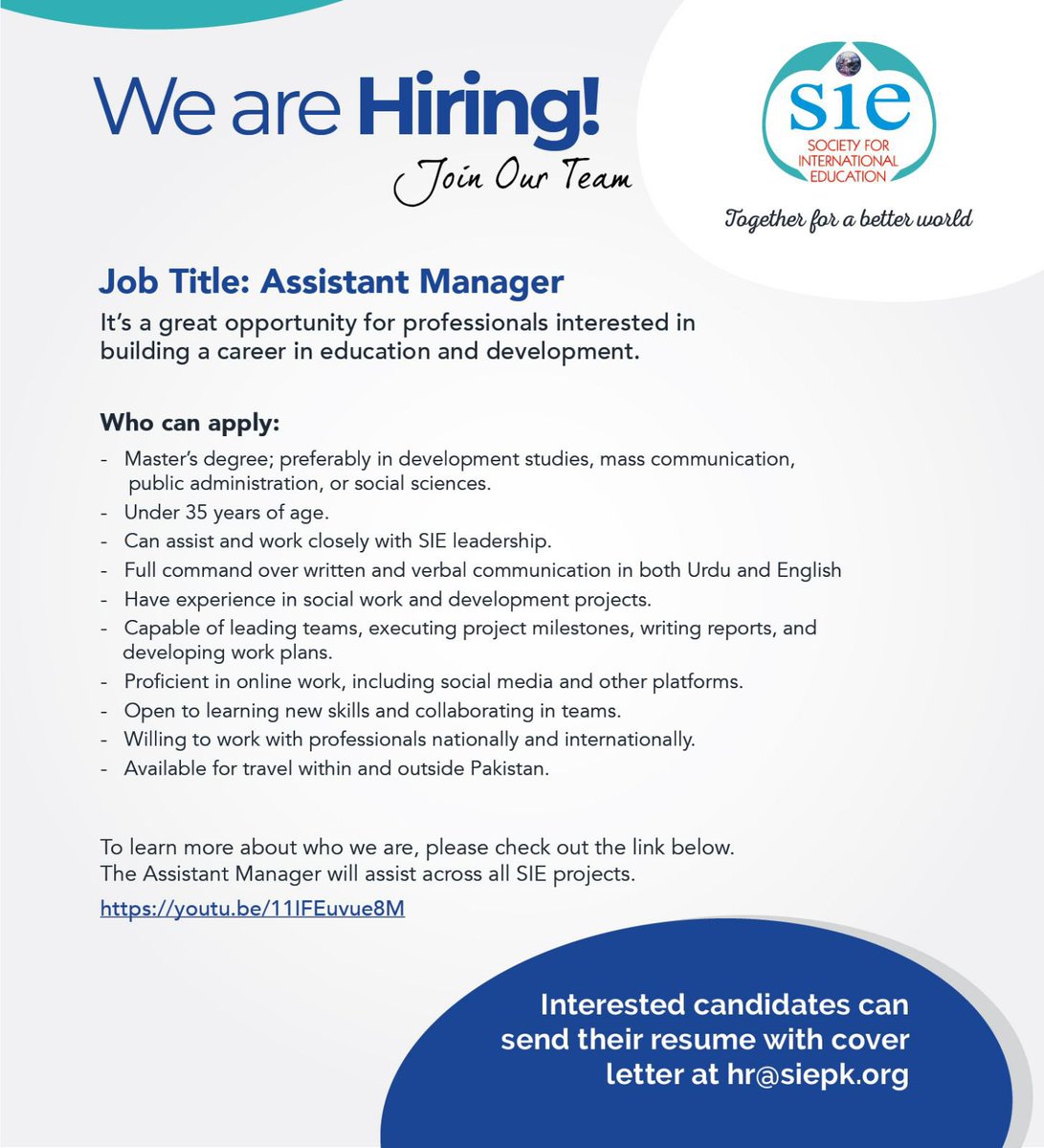 iEARNPAK's tweet photo. Society for International Education is hiring Assistant Manager at SIE office in Karachi. Apply now! 

#hiringalert #jobopening https://t.co/ndMQwAczSp
