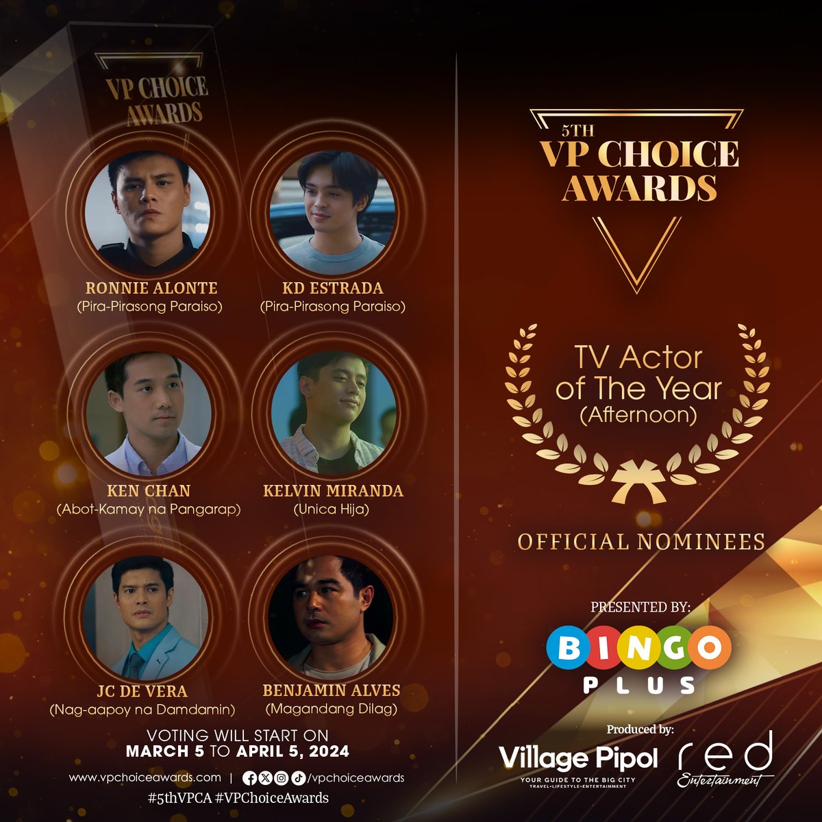vpchoiceawards's tweet photo. Here are the #5thVPChoiceAwards official nominees for 🏆TV Actor of the Year (Afternoon) ✨

Pipol, you have the power to choose this year's winner! Voting will open on March 5 to April 5, 2024. For more details, visit: https://t.co/1amPebmnRd #5thVPCANomineesReveal #5thVPCA https://t.co/AY2L6C3Lt5