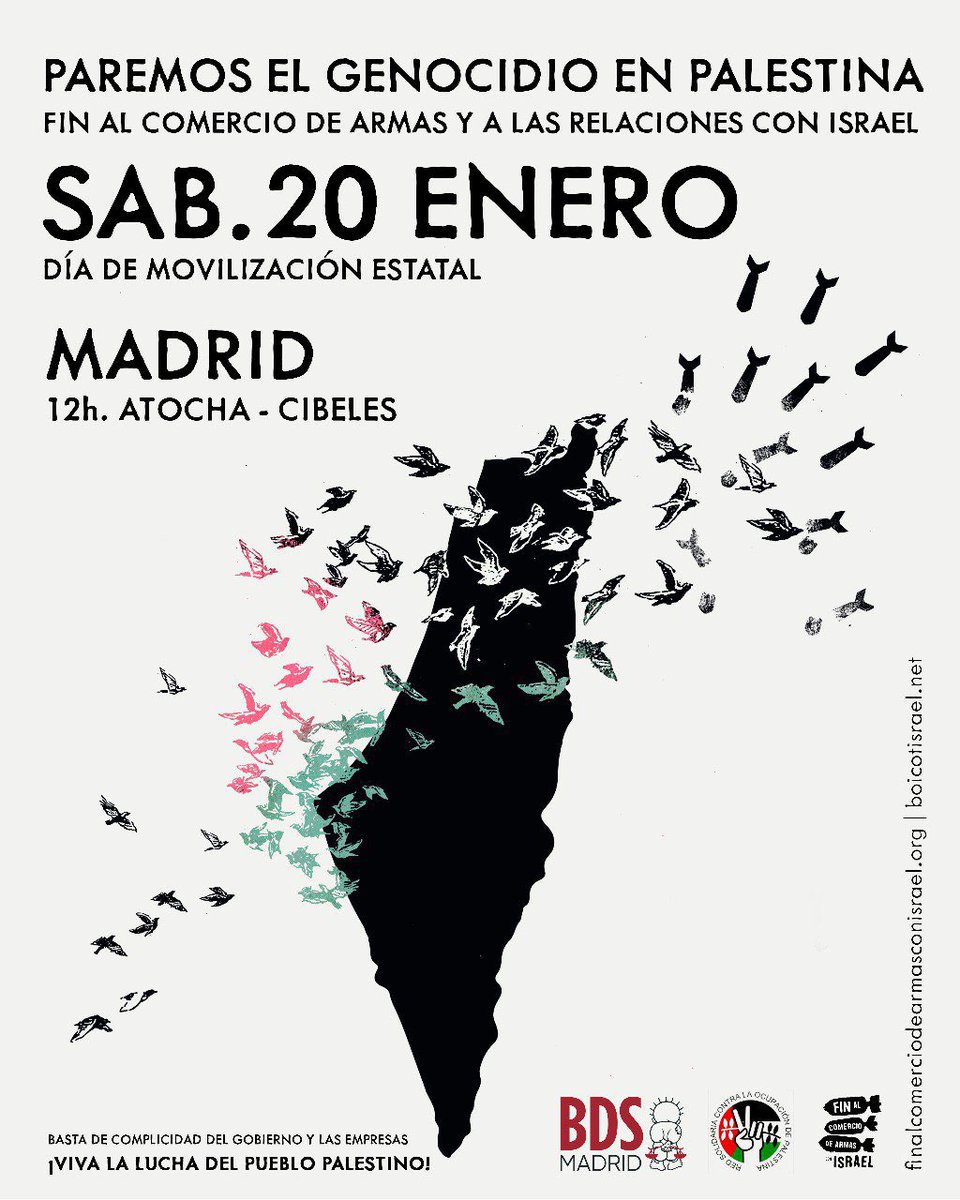 🇵🇸¡Más de 60 ciudades nos unimos el 20 de enero a parar el genocidio en Palestina!

🔥¡Salimos a las calles llenas de rabia!

📣El sionismo es un peligro para el mundo y las palestinas están pagando el precio más alto poniendo sus cuerpos.

📍Madrid: Atocha-Cibeles a las 12h