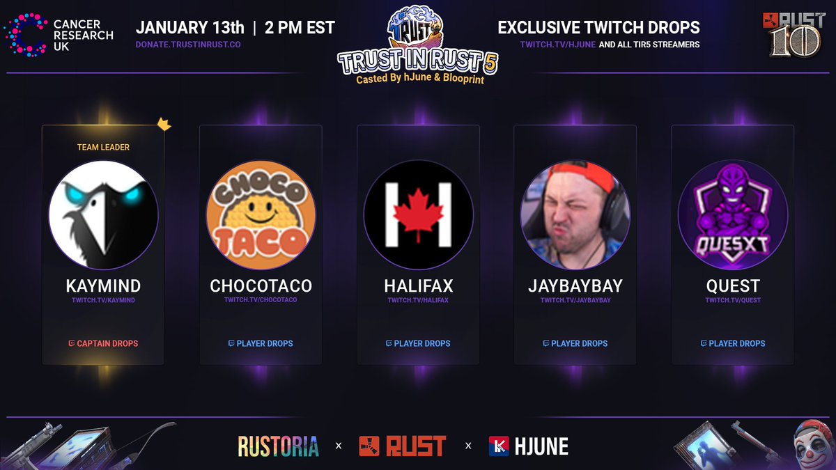 Excited to play Trust in Rust 5 this afternoon with these 4!  <a href="/chocoTaco/">chocoTaco</a> <a href="/Halifax/">Halifax</a> <a href="/JAYBAYBAY/">JAYBAYBAY</a> <a href="/imquesxt/">Quest</a>