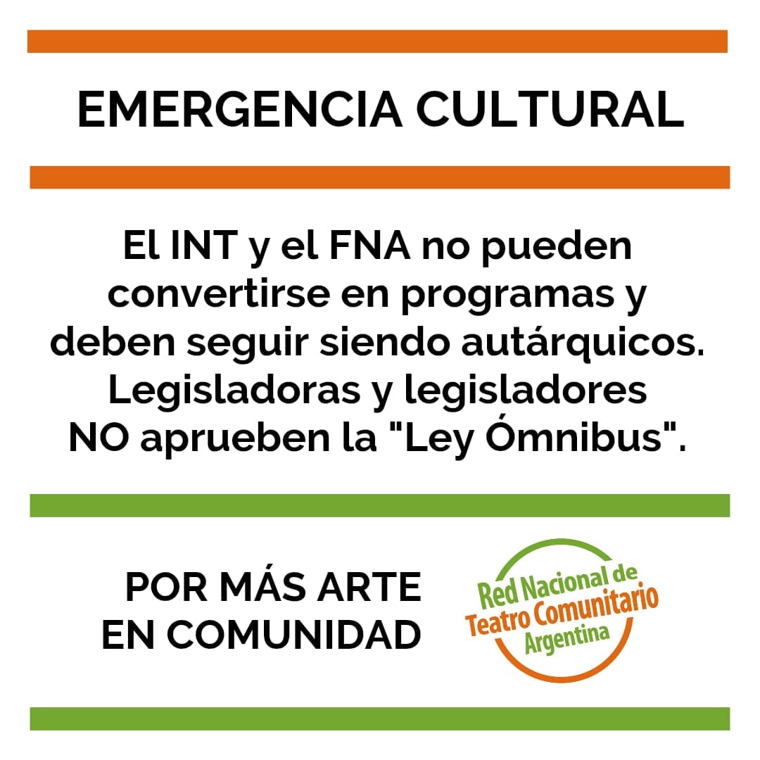La ley ómnibus atenta contra la comunidad que es generadora de cultura.

#EmergenciaCultural
#NoALaLeyOmnibus
#NoAlDNU
#LaCulturaEsTrabajo
#ArteenComunidad
#TeatroComunitario
I
<a href="/inteatro_ar/">Instituto Nacional del Teatro</a>  <a href="/FnaArgentina/">Fondo Nacional de las Artes</a>