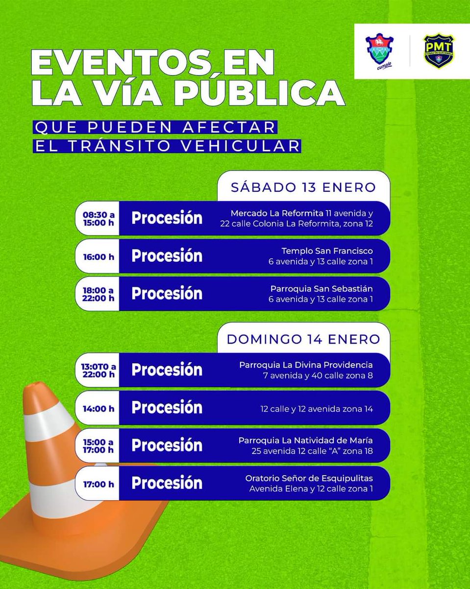 Información sobre #ProcesiónGT2024 para este fin de semana

🚨 Precaución por paso constante de peatones, desvíos viales y otros eventos en perímetro de las rutas procesionales. 

#PMTCiudadGuatemala #ServicioPMT #ApoyoPMT