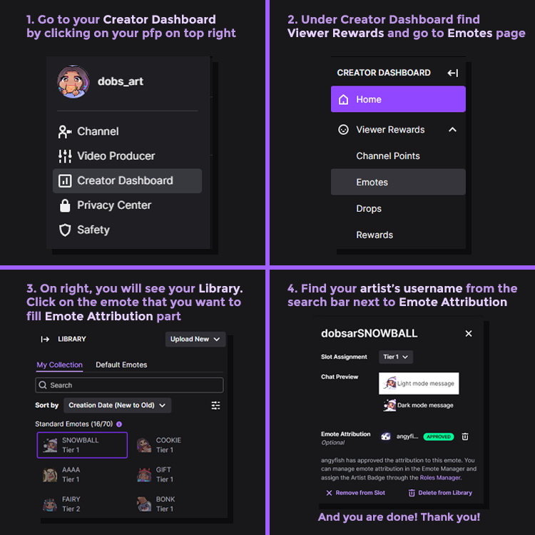 Credits are really important for us to grow our business!
🔴🔴🔴
You can help me and my fellow artist friends by attributing the emotes that you got from your artists. 

So people could also see who made them when they hover over the emote 💜

Here is how to do it: