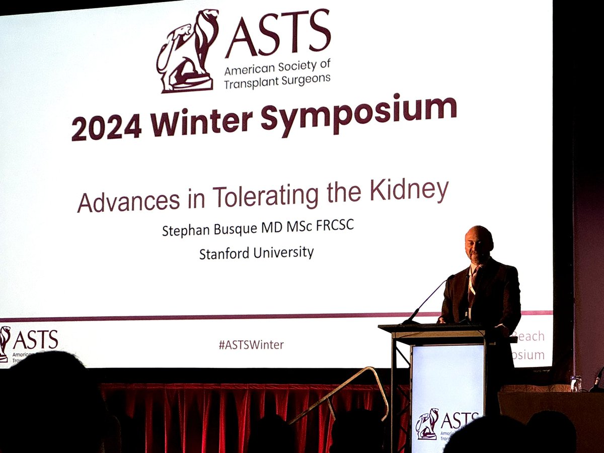 Dr. Stephan Busque speaking at #ASTSwinter about the @StanfordAbdTxp tolerance experience. @KirchnerVaria moderating this session about the future of transplant.