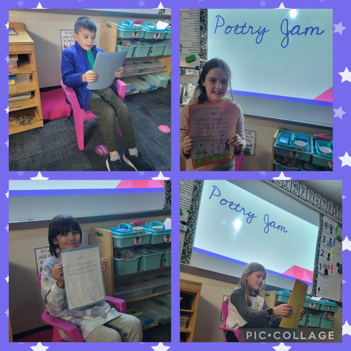 Dooley2nd's tweet photo. Our Writing Celebration: Poetry Jam was delicious! Students read to the class with snaps given for applause while enjoying K.Jammer juice. Then students rotated around reading peers' season poems &amp; leaving 2 🌟 &amp; a 🤞🏼 reviews! #LevelUpPlanoISD #DooleyGameOn
 #PISDReads https://t.co/jOE8EU9rl7