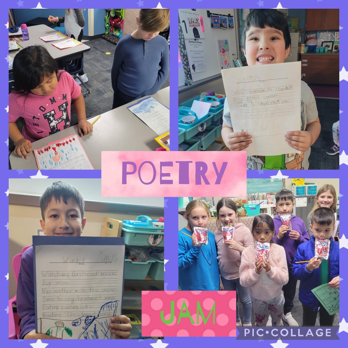 Our Writing Celebration: Poetry Jam was delicious! Students read to the class with snaps given for applause while enjoying K.Jammer juice. Then students rotated around reading peers' season poems & leaving 2 🌟 & a 🤞🏼 reviews! #LevelUpPlanoISD #DooleyGameOn #PISDReads