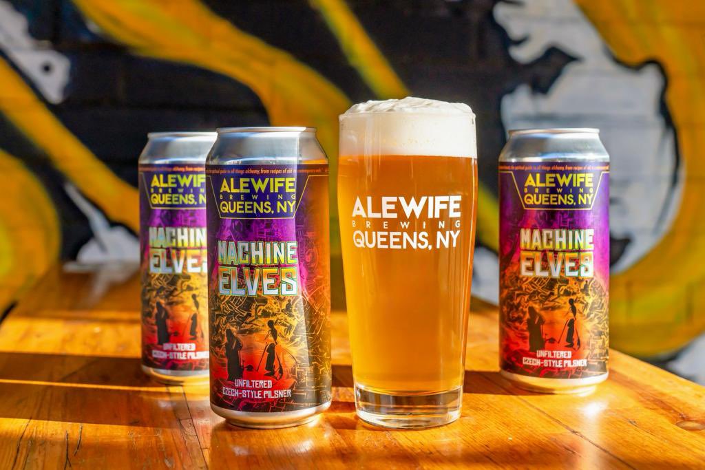 Introducing Machine Elves, an Unfiltered Czech-Style Pilsner. This brew was lagered for 13 weeks, available on draft and in 4-packs to go at the taproom, or snag your 4-pack online at alewife.beer 🍻 #alewifebrewing #alewifebeer