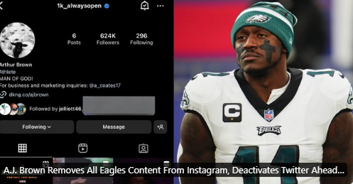 KeirKay144753's tweet photo. AJ Brown has removed Eagles content on Instagram and deleted Twitter. Unlikely to play against Bucs. https://t.co/KP0glvBBwg