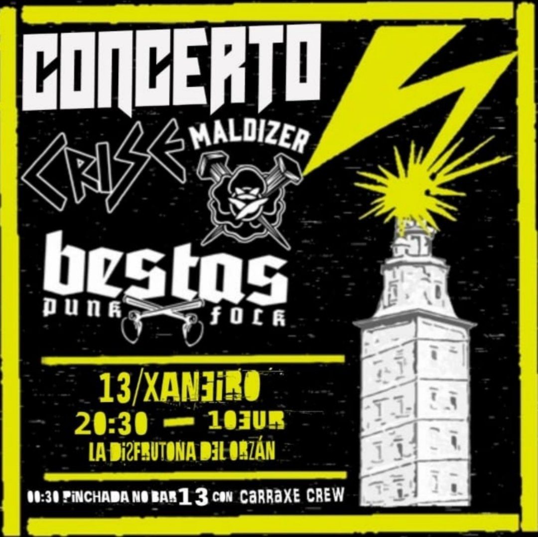 Esta noite concerto de punk rock na Coruña. Crise, Maldizer e Bestas. Punktualidade!!🍻

Despois haberá pinchada no bar 13 a cargo de Carraxe Crew a partir das 00:30h.🔝🧨