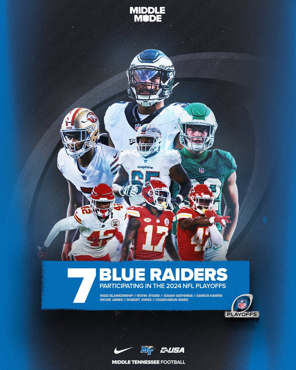 7️⃣ Blue Raiders in the @NFL Playoffs, and it starts today! 🏈 @robertjjones64 (MIA) 🏈 @Senseispunk, @izai_slime & Darius Harris (KC) 🏈 @KevinByard & @reedus99_reed (PHI) 🏈 @itslilmooney (SF) #BLUEnited | #MiddleMade