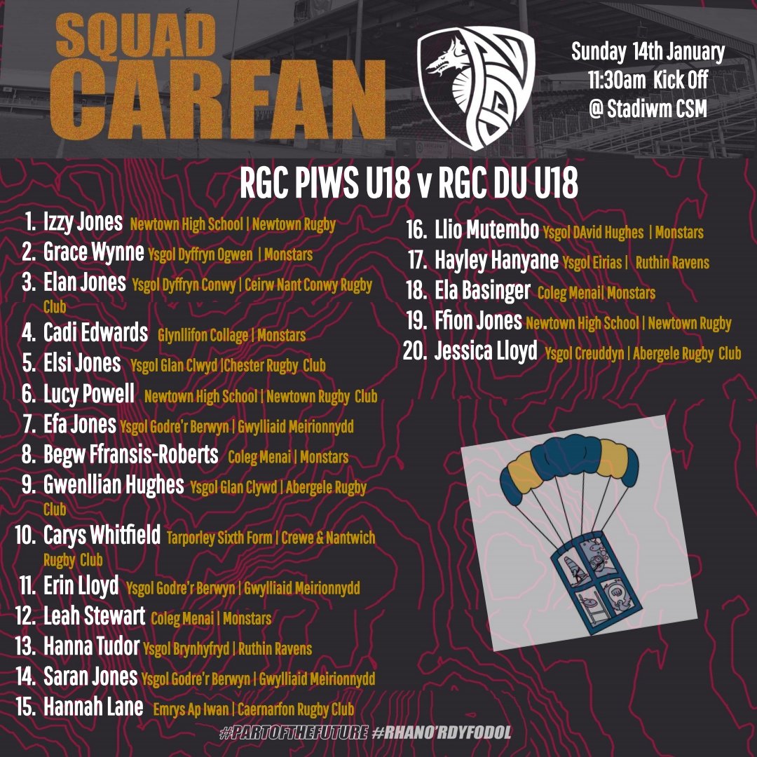 RGCNews's tweet photo. Team News – Newyddion Tîm

U18s Women's teams as they face each other tomorrow at @StadiwmCSM 11.30am. https://t.co/78P0wv1gH1