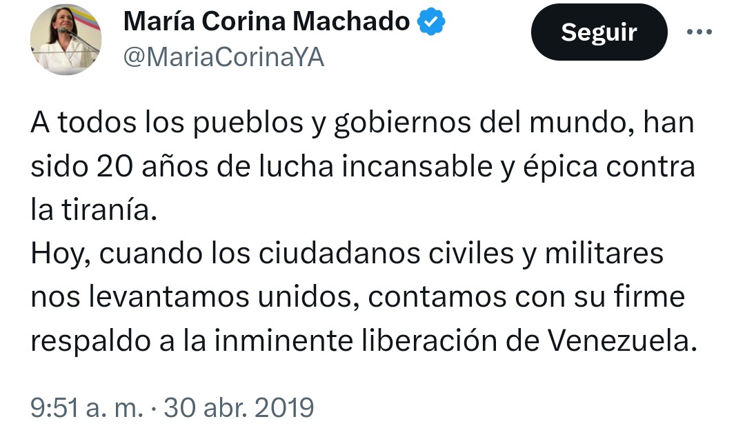 María Corina Machado fué una de los 'cabecillas' del intento de Golpe de Estado en Abril de 2019, una razón más para que sea confirmada su Inhabilitación por el TSJ.