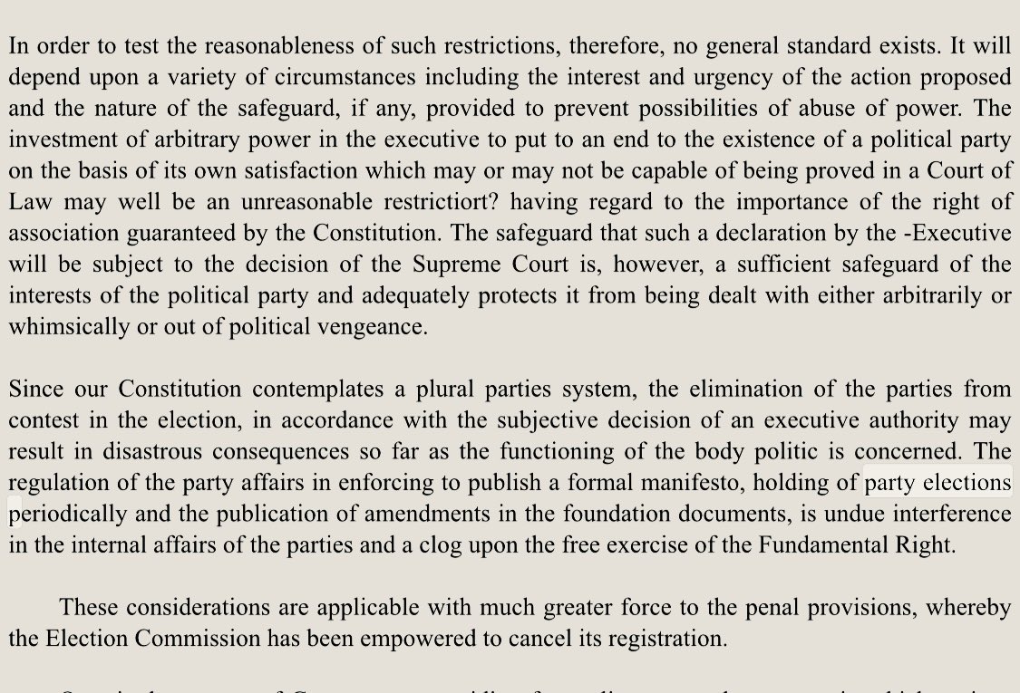 6. In Benazir Bhutto v Federation of Pakistan, an 11-member SC bench held:

-Right to form a political party includes operating as one 
-Any restrictions on this right must be reasonable 
-Regulation of party affairs, including enforcing holding elections, is undue interference