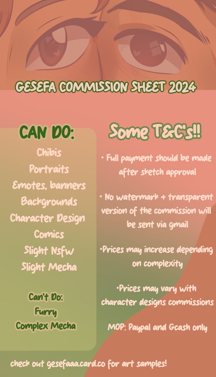 Gesefaaa's tweet image. GESEFA'S COMMISSION SHEET 2024
🩷🩷🩷🩷🩷
dm for more inquiries!
check out gesefaaa.carrd.co for art samples!
#artcommissions #commissionsopen #artph