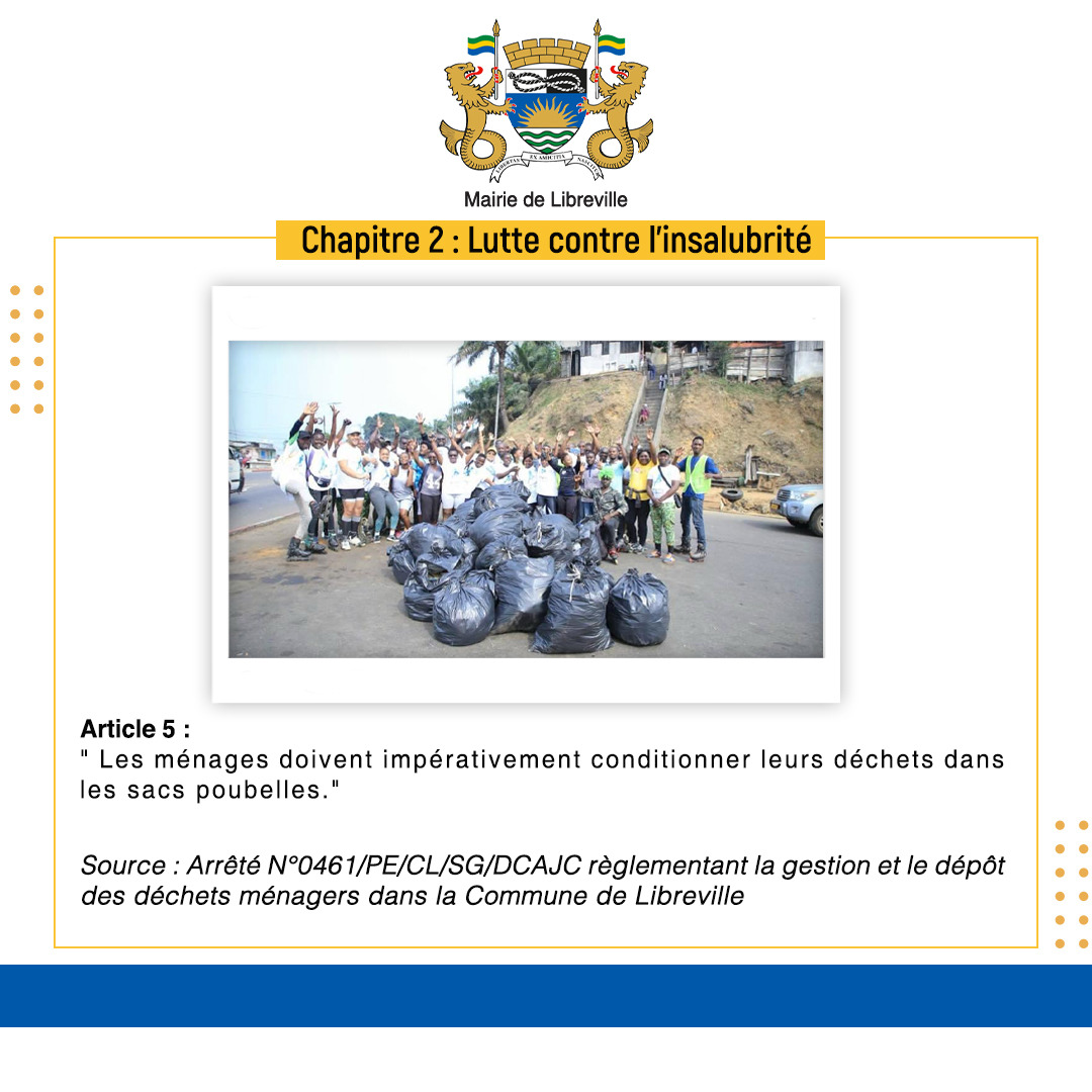 Lutte contre l'insalubrité !
Les bons gestes.

"Unissons-nous tous pour la lutte contre l'insalubrité et changeons nos comportements"

#responsabilitécitoyenne #santépublique #environnement #villedelibreville