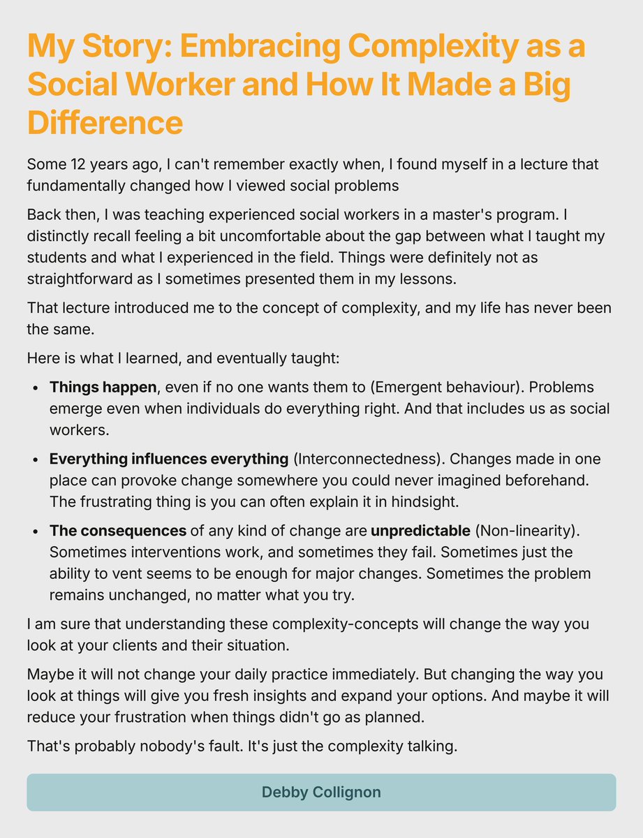 My Story: Embracing Complexity as a Social Worker and How It Made a Big Difference

#SocialWork #ComplexityInPractice #TransformativeLearning #SocialWorkJourney #ProfessionalGrowth #EmbracingComplexity #ReflectivePractice #SocialWorkEducation #ChangePerspective #FreshInsights
