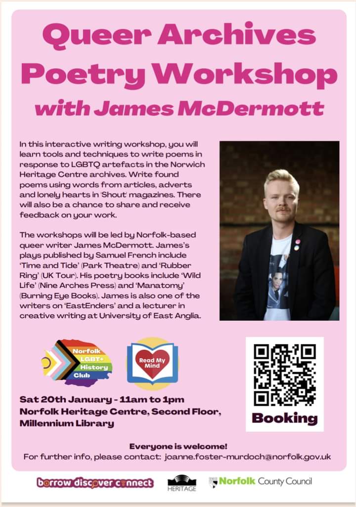 A week today (20th January) at 11-1, I'm running a poetry workshop at Norwich Library

We'll be making found and erasure poems using LGBTQ artefacts from Norwich Heritage Centre archives

Only a few places left so book yours today

Details below x