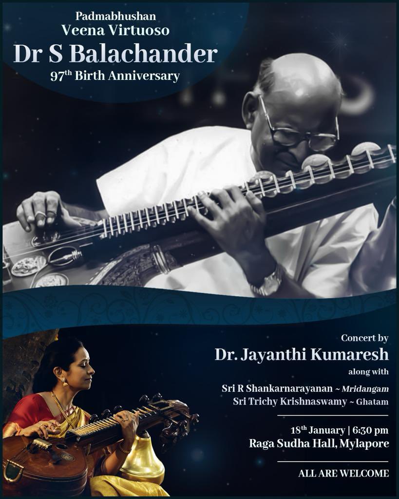 Jan 18 th in Raga Sudha Hall, Chennai at 6.30 pm celebrating the Maestro and my guru on his birth Anniversary. Along with Sri R Shankaranarayanan Mridangam and Sri Trichy Krishnaswamy Ghatam. ALL ARE WELCOME🙏🏼🙏🏼