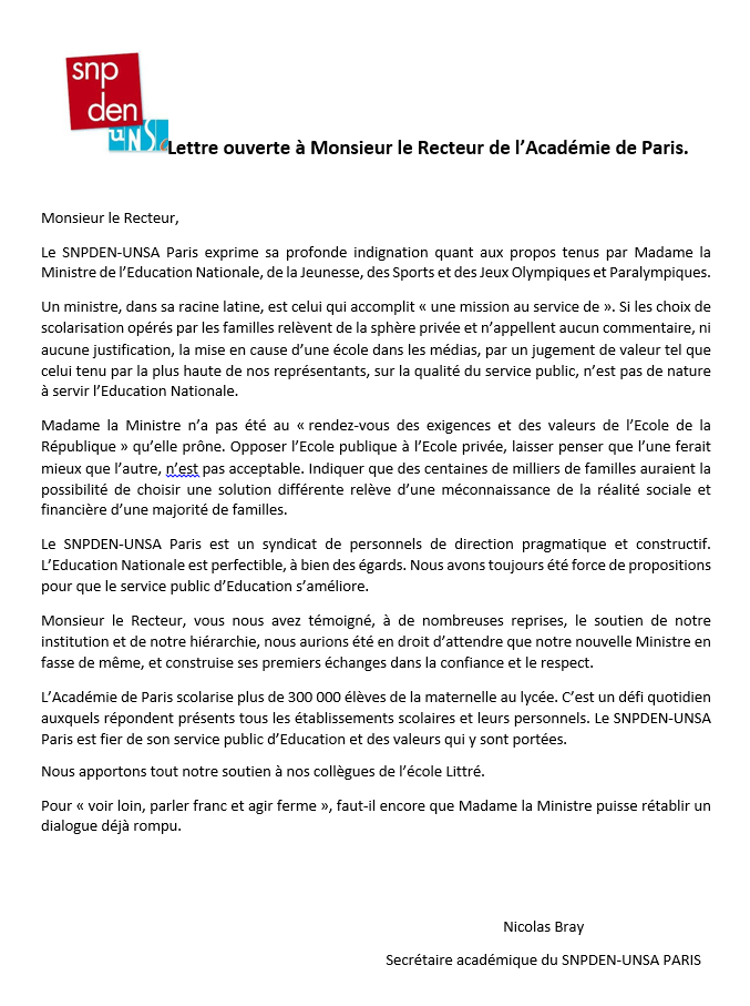 Pour le SNPDEN Paris, une seule Ecole est au service de la Nation, une seule Ecole en porte les ambitions et les espoirs, l'Ecole publique.  Des millions de familles font le choix de l'enseignement public.
Nous n'acceptons pas les propos tenus par Madame la Ministre.