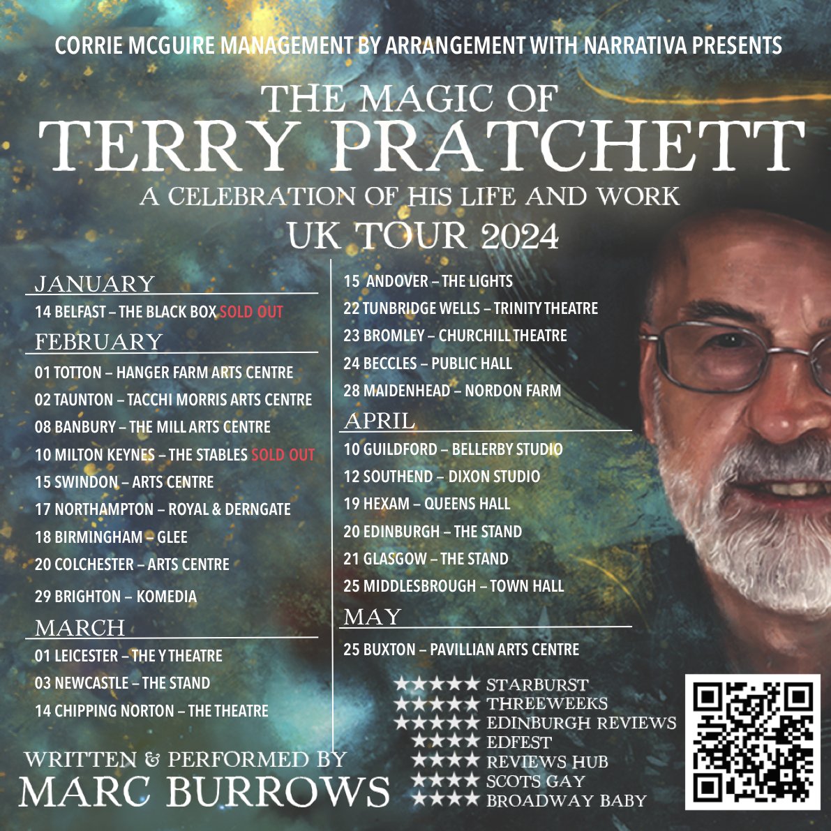 The UK tour of The Magic of Terry Pratchett, a ★★★★★ stand up celebration of @terryandrob's life and work based on my award-winning book, starts Sunday Jan 15 in Belfast and continues all spring! TICKETS: marcburrows.co.uk/live-dates